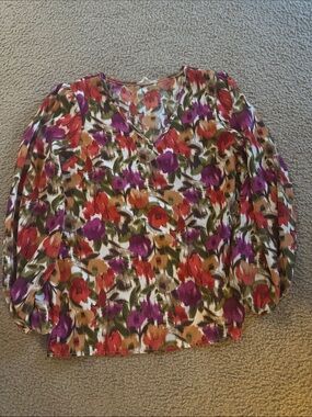 Lovely Melody Floral V-Neck Blouse in Red, Purple, Green, Tan